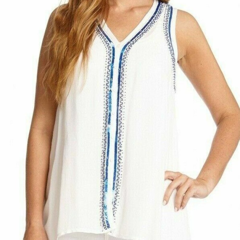 Karen Kane $116 White Button Front Barcelona Blue Beaded Tank Top Sz 0X NWT - Picture 1 of 3